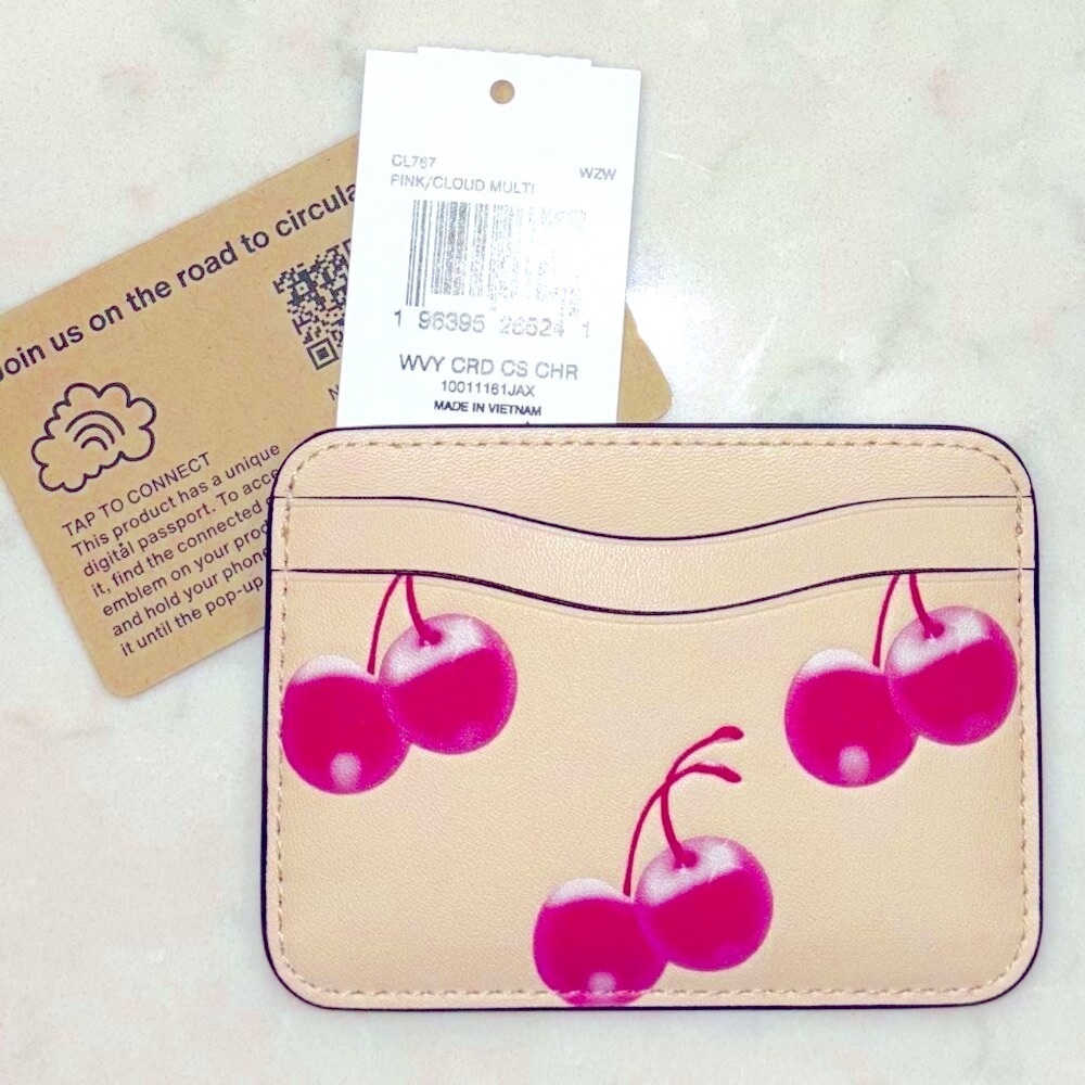 🍒💗LIMITED! Coach CHERRY PINK Wavy Card Case Small Wallet Ergo Coachtopia